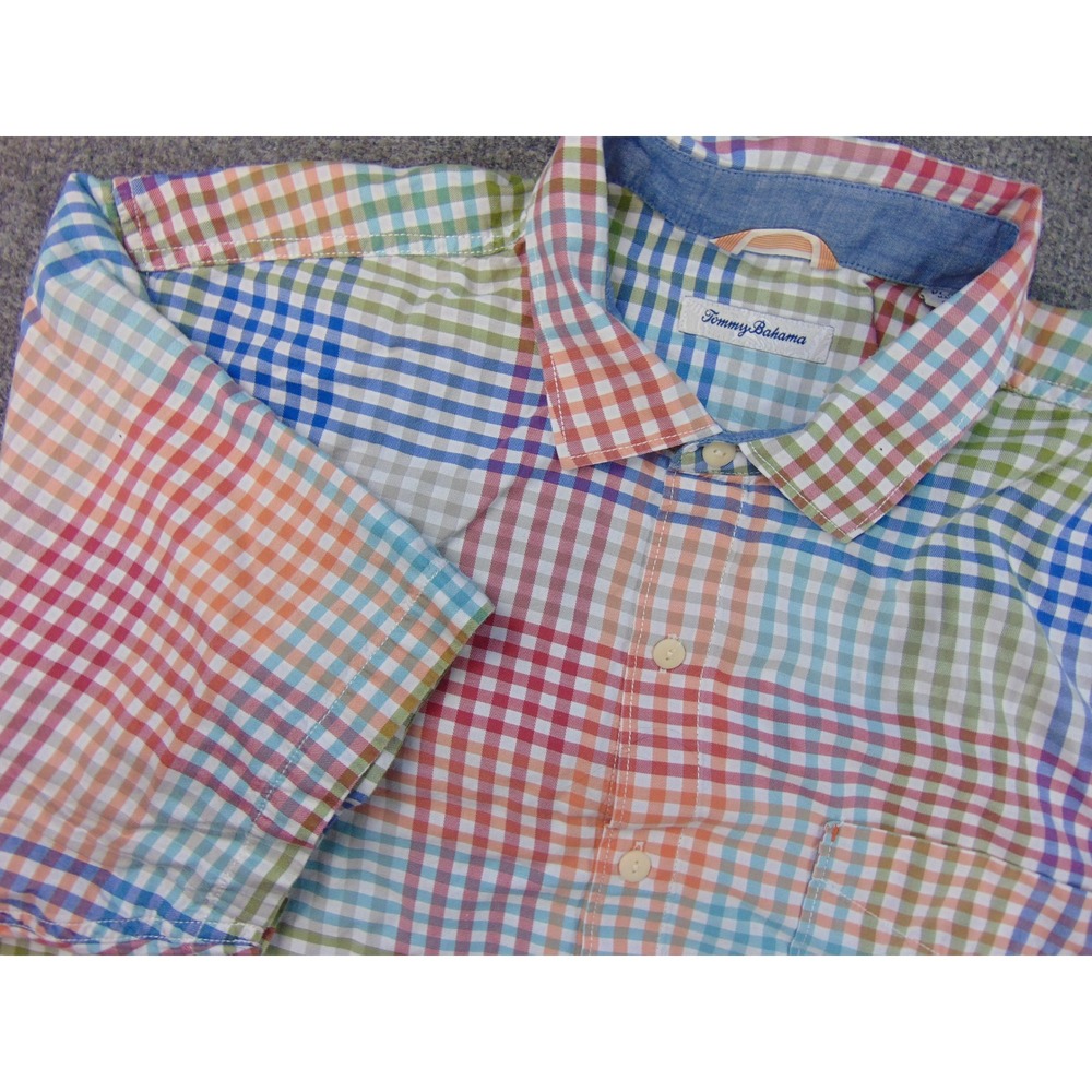 Tommy Bahama Shirt‎ Mens XL Multicolor Plaid Gingham Short Sleeve Beach Vacation